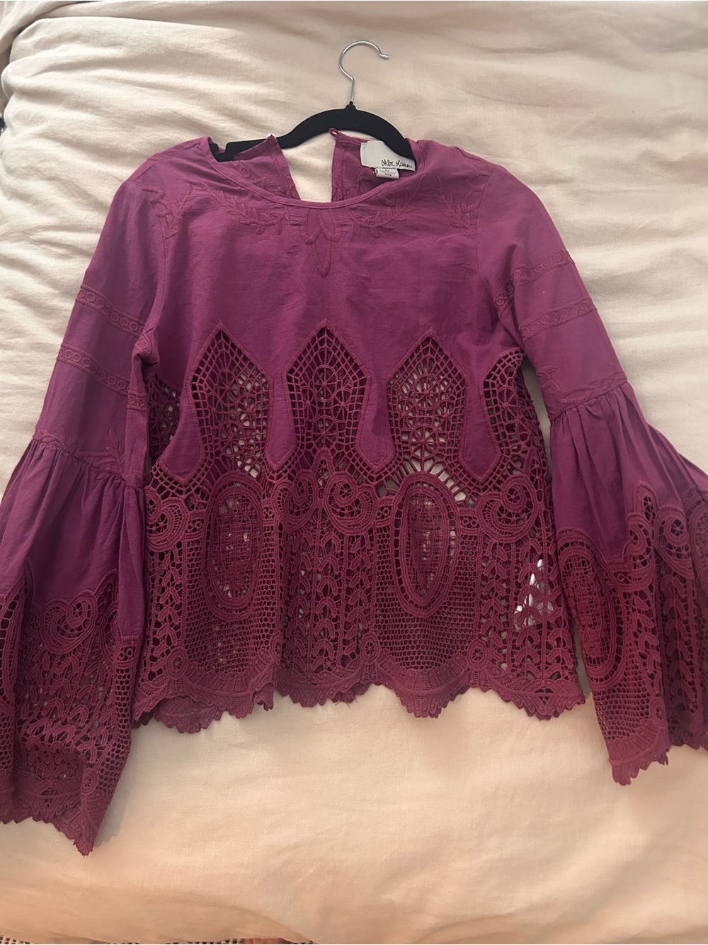 Anthropologie Chloe Liver Lace Crochet Bell-Sleeve Top size XS
